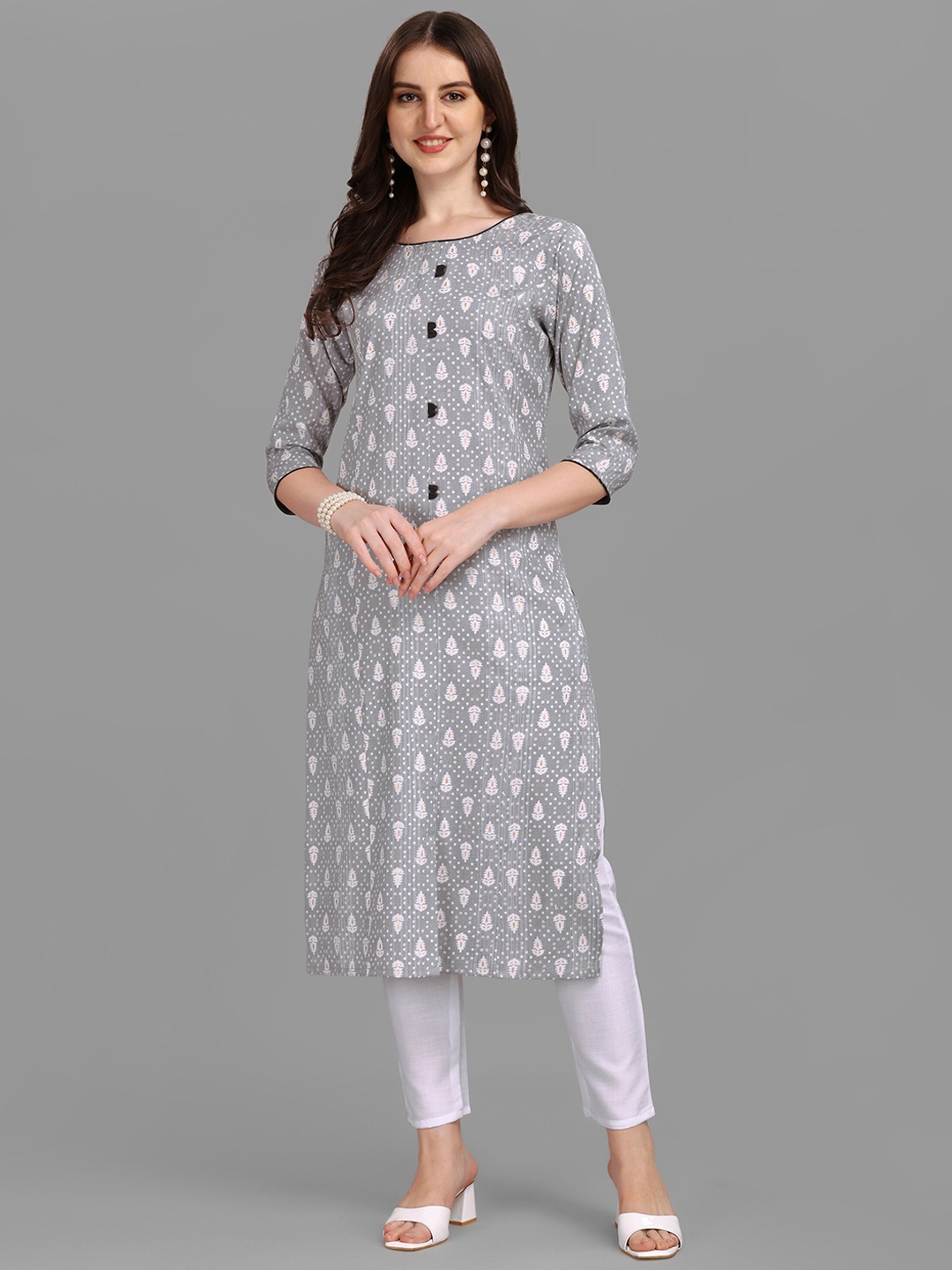 

FAVRIZ Ethnic Motifs Printed Cotton Kurta, Grey