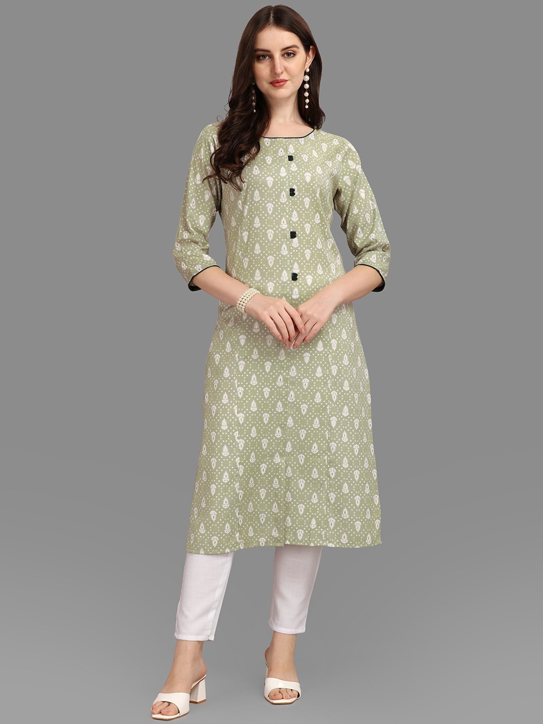 

FAVRIZ Ethnic Motifs Printed Cotton Kurta, Green