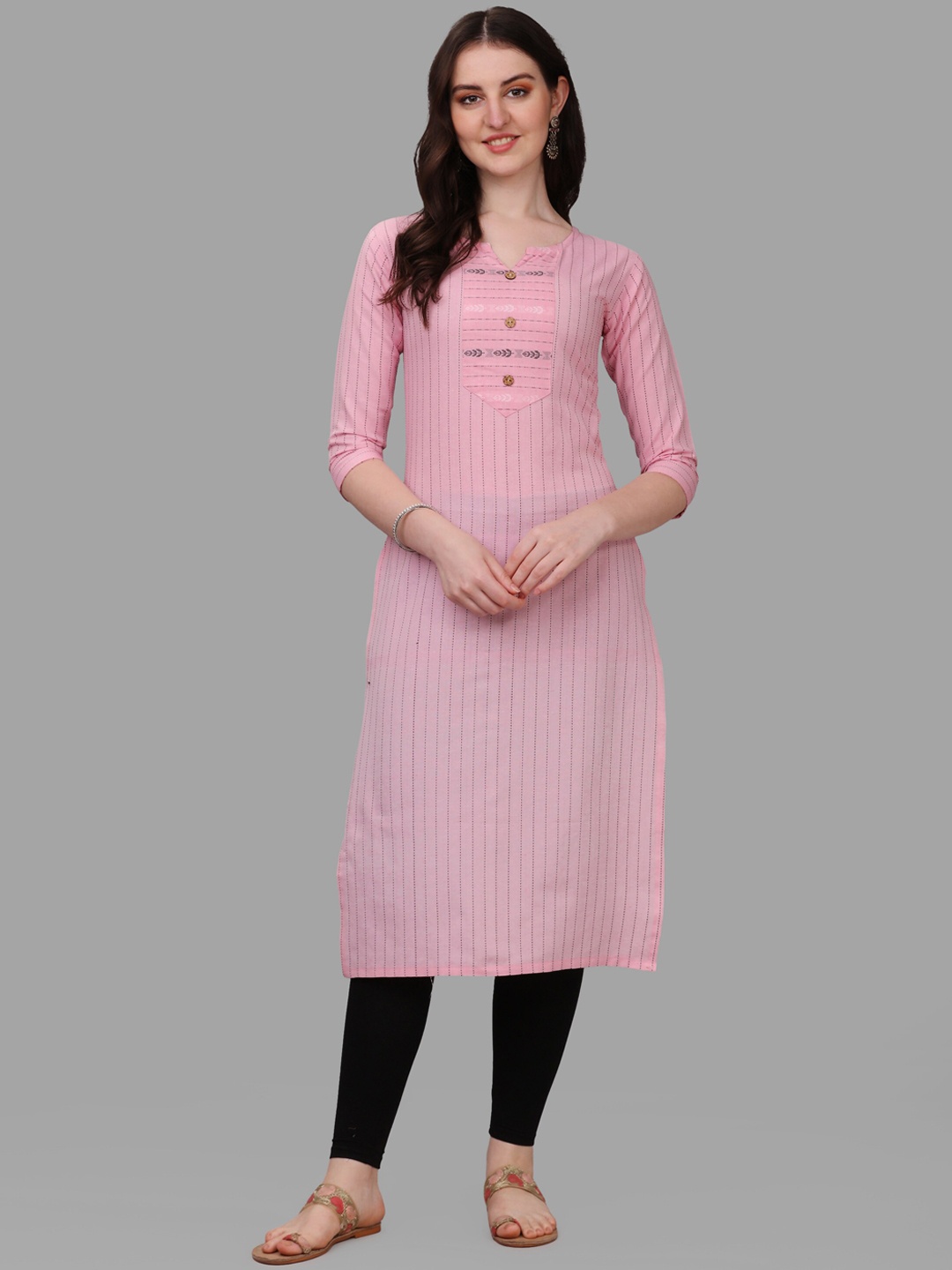 

FAVRIZ Striped Notched Neck Cotton Kurta, Pink