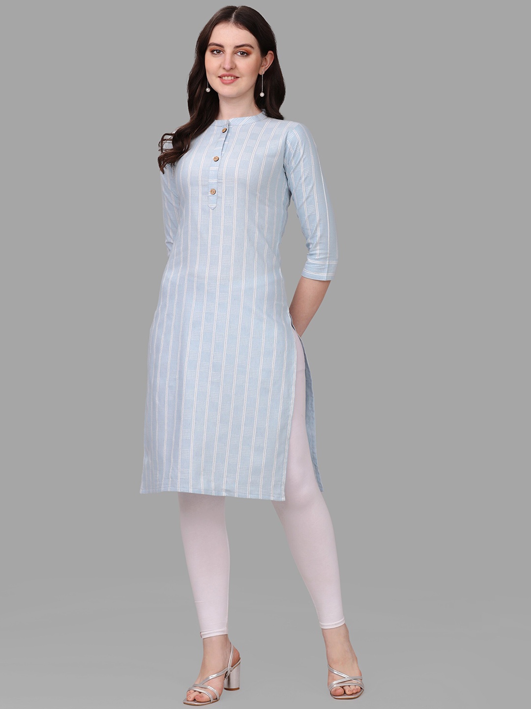 

FAVRIZ Striped Mandarin Collar Cotton Kurta, Blue