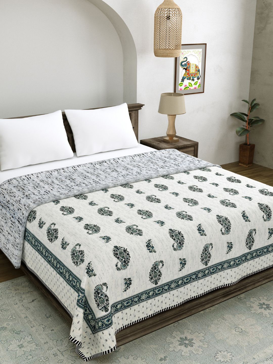 

LIVING ROOTS White & Grey Ethnic Motifs AC Room 210 GSM Reversible Double Bed Dohar