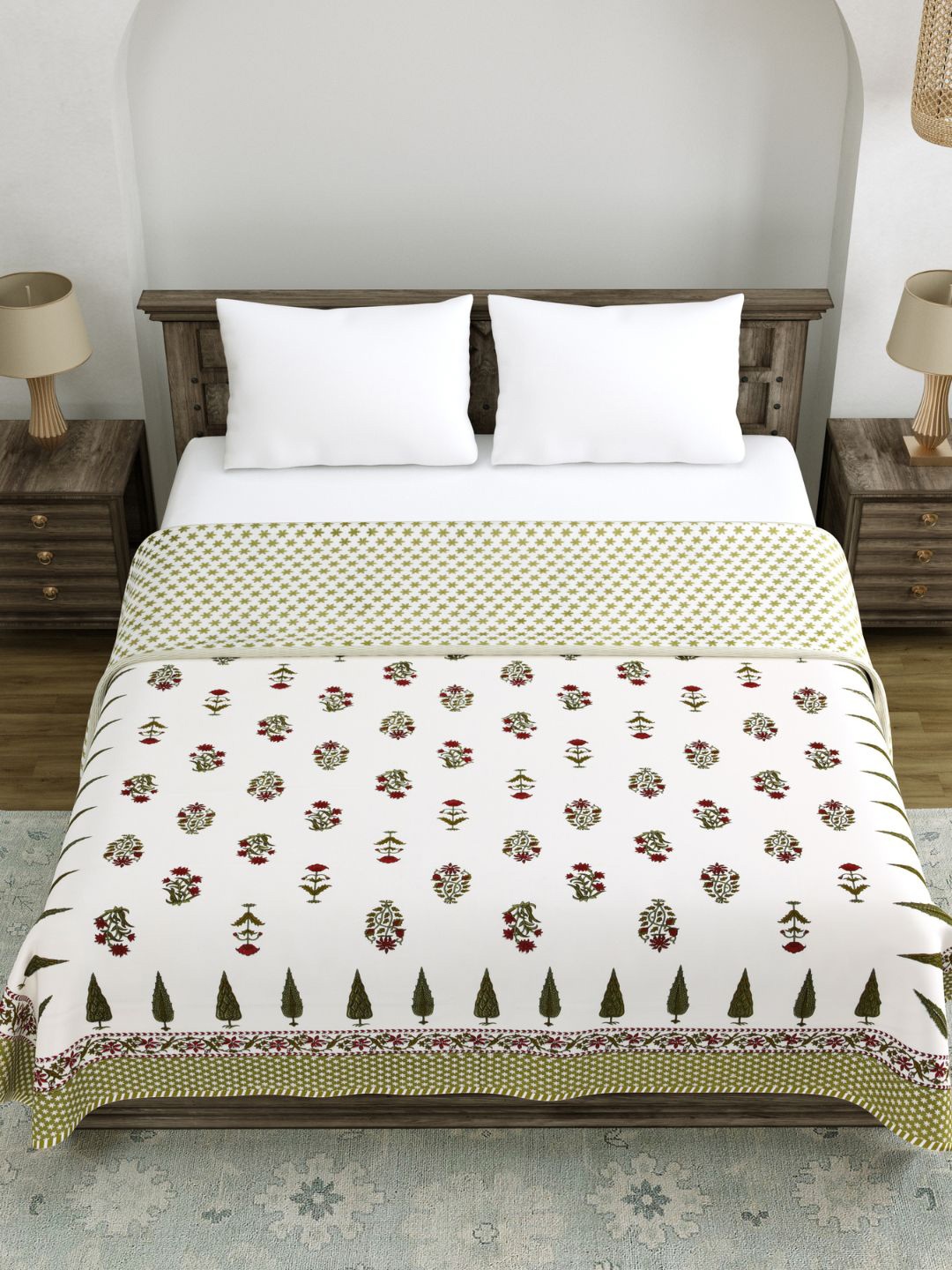 

LIVING ROOTS White & Green Ethnic Motifs AC Room 210 GSM Reversible Double Bed Dohar