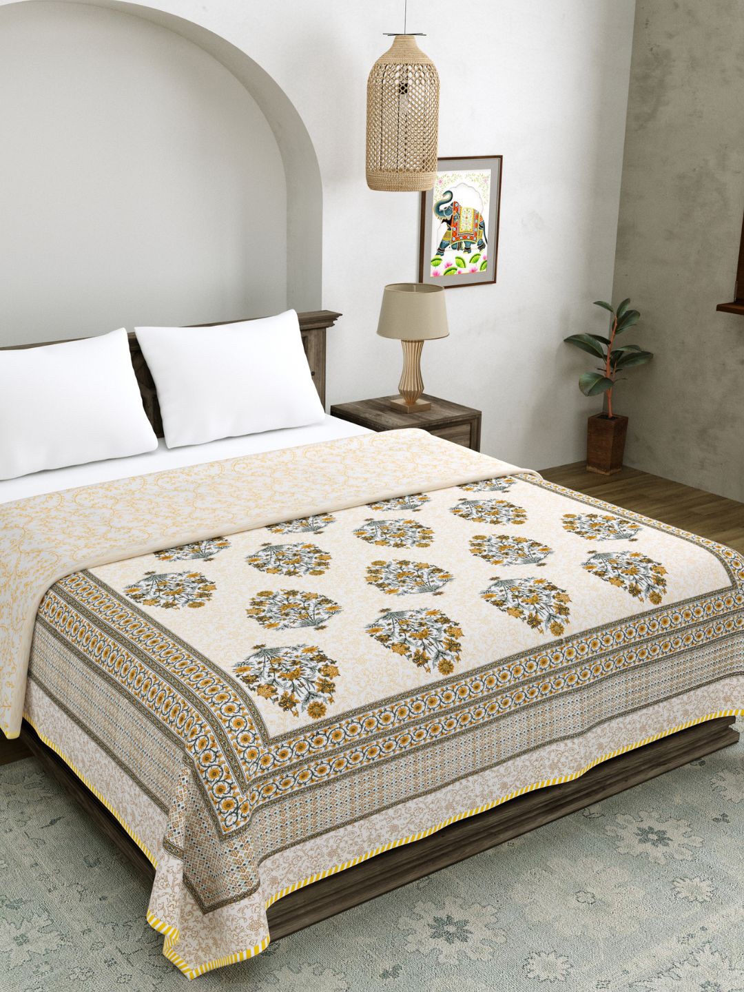 

LIVING ROOTS Jaipur Heritage White & Yellow AC Room 210 GSM Reversible Double Bed Dohar