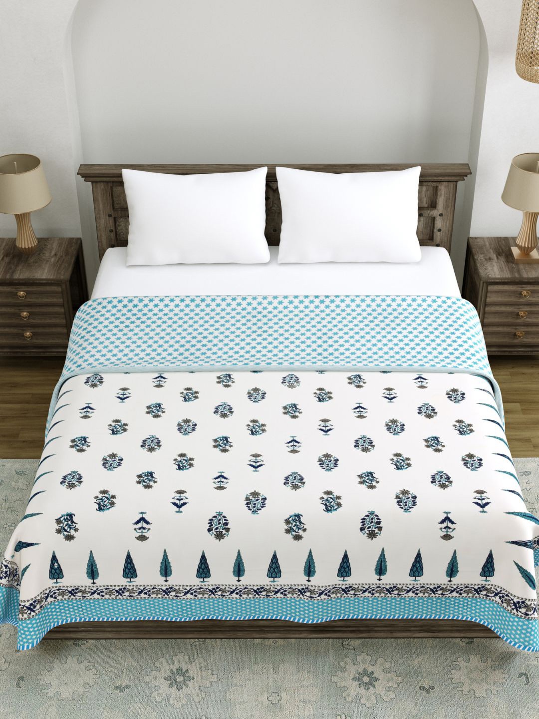 

LIVING ROOTS White & Blue Ethnic Motifs AC Room 210 GSM Reversible Double Bed Dohar