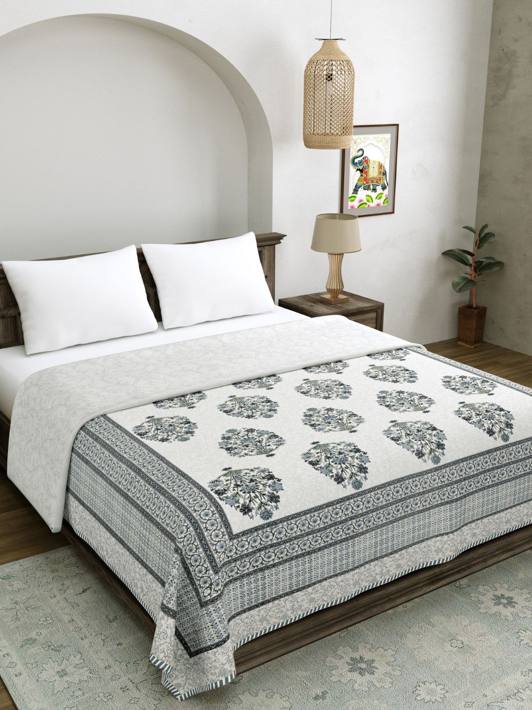 

LIVING ROOTS White & Grey Ethnic Motifs AC Room 210 GSM Reversible Double Bed Dohar