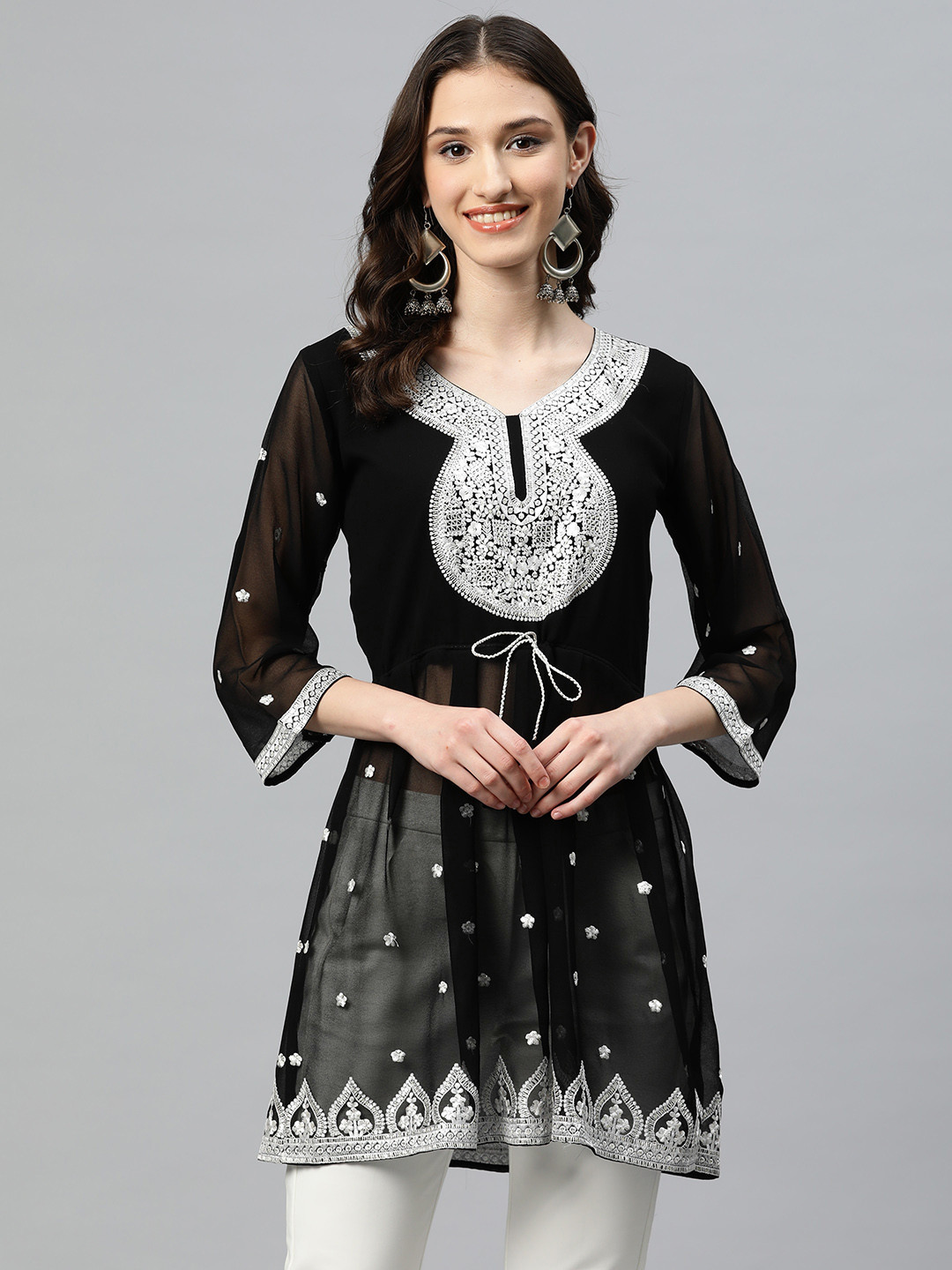 

PRASTHAN Women Embroderied & Sequin Work Georgette kurti, Black