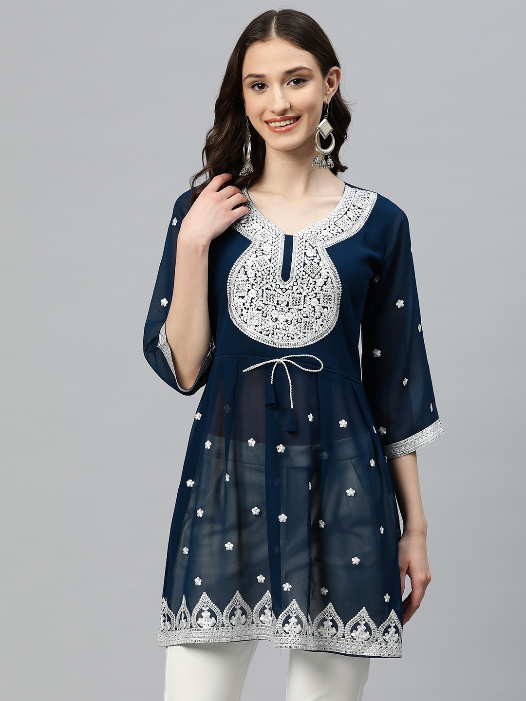 

PRASTHAN Women Embroderied & Sequin Work Georgette kurti, Navy blue