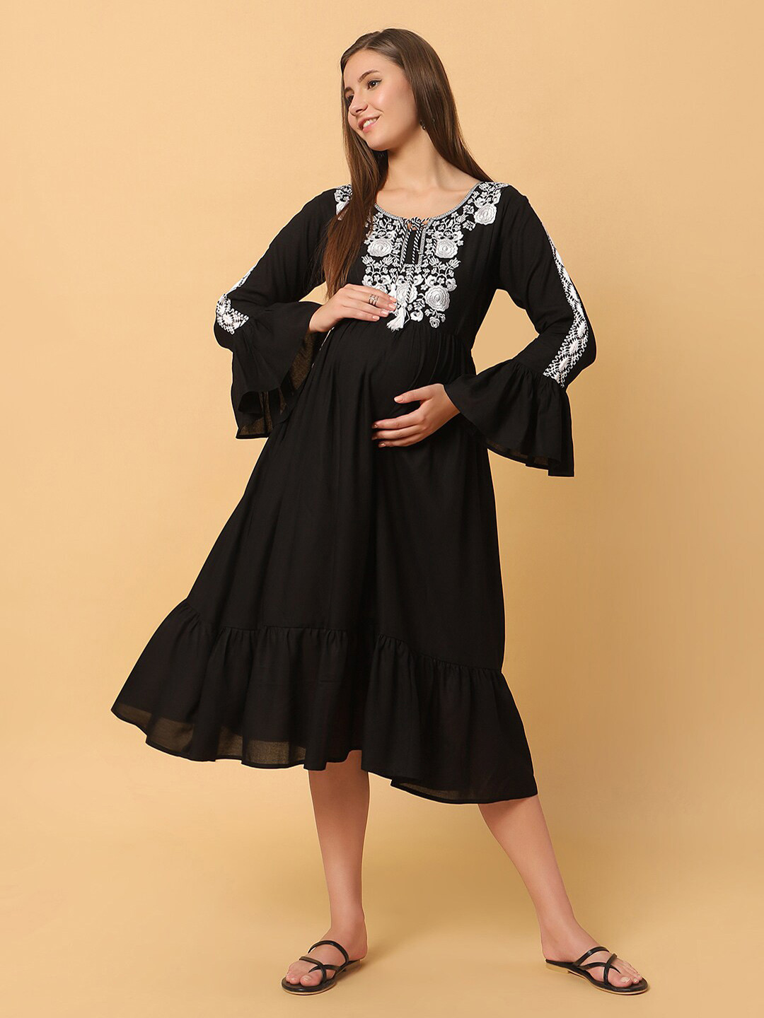 

Aanyor Tie-Up Neck Bell Sleeve Maternity Fit & Flare Midi Dress, Black