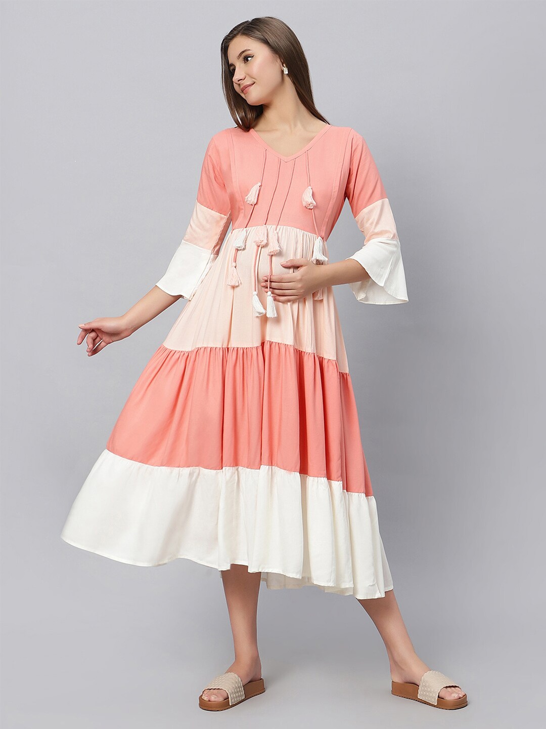 

Aanyor Colourblocked Maternity Fit & Flare Midi Dress, Peach