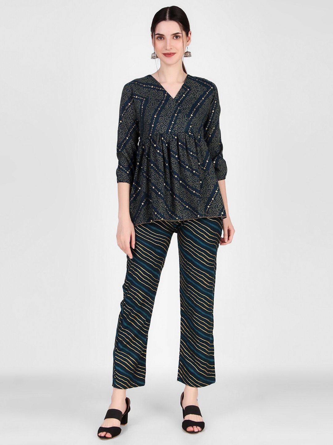 

FNOCKS Women Printed Pure Cotton Top with Trousers Co-Ords, Navy blue