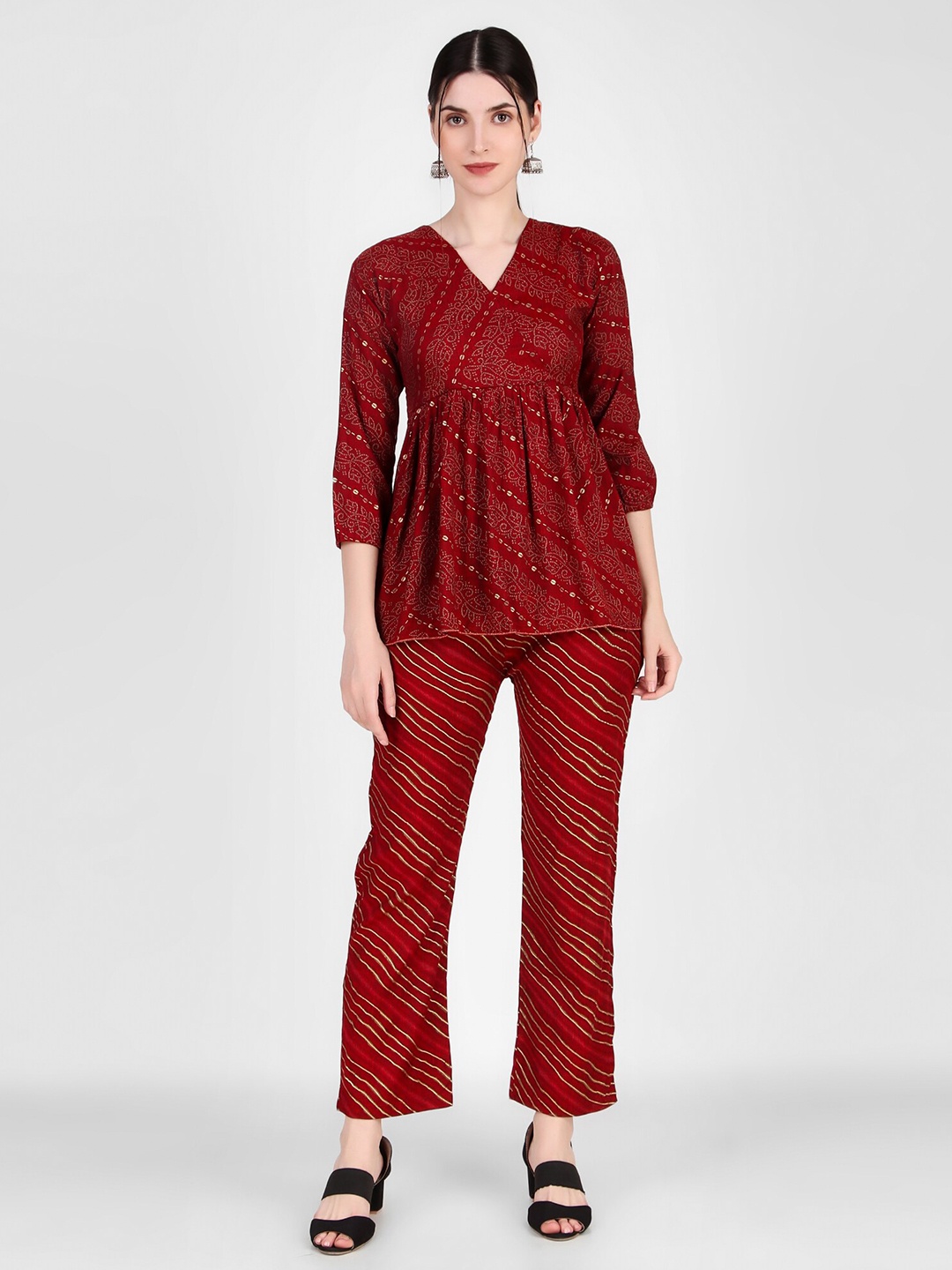 

FNOCKS Pure Cotton Printed Top With Trouser, Maroon