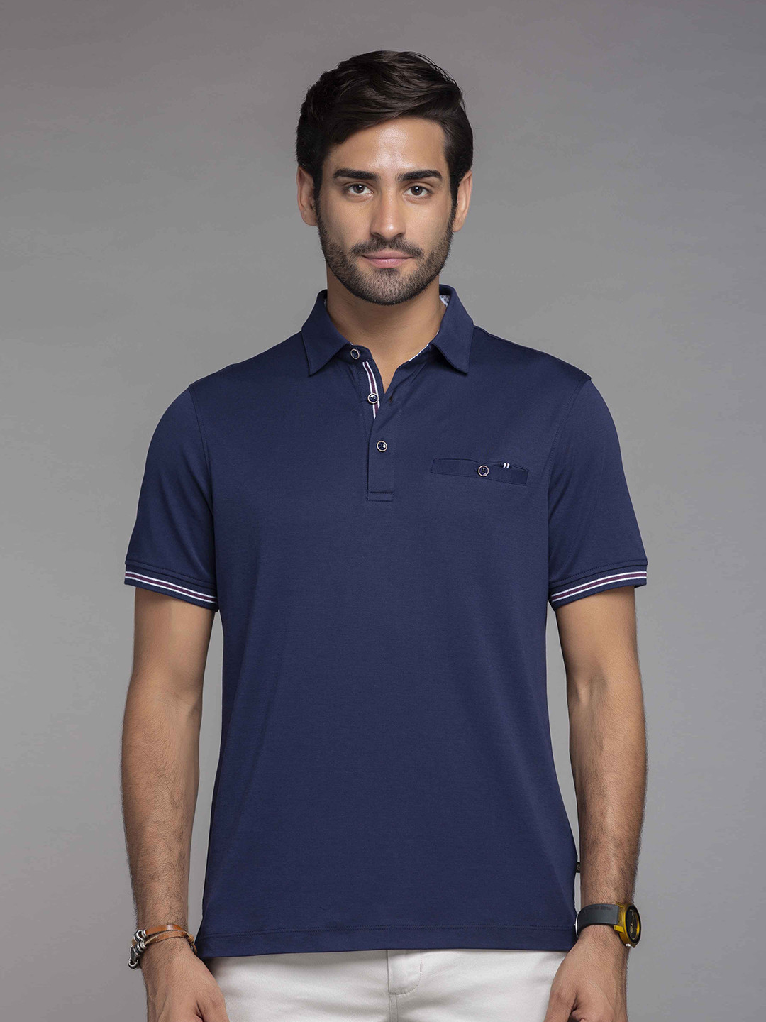 

MKOAL Polo Collar Casual Pure Cotton T-shirt, Navy blue