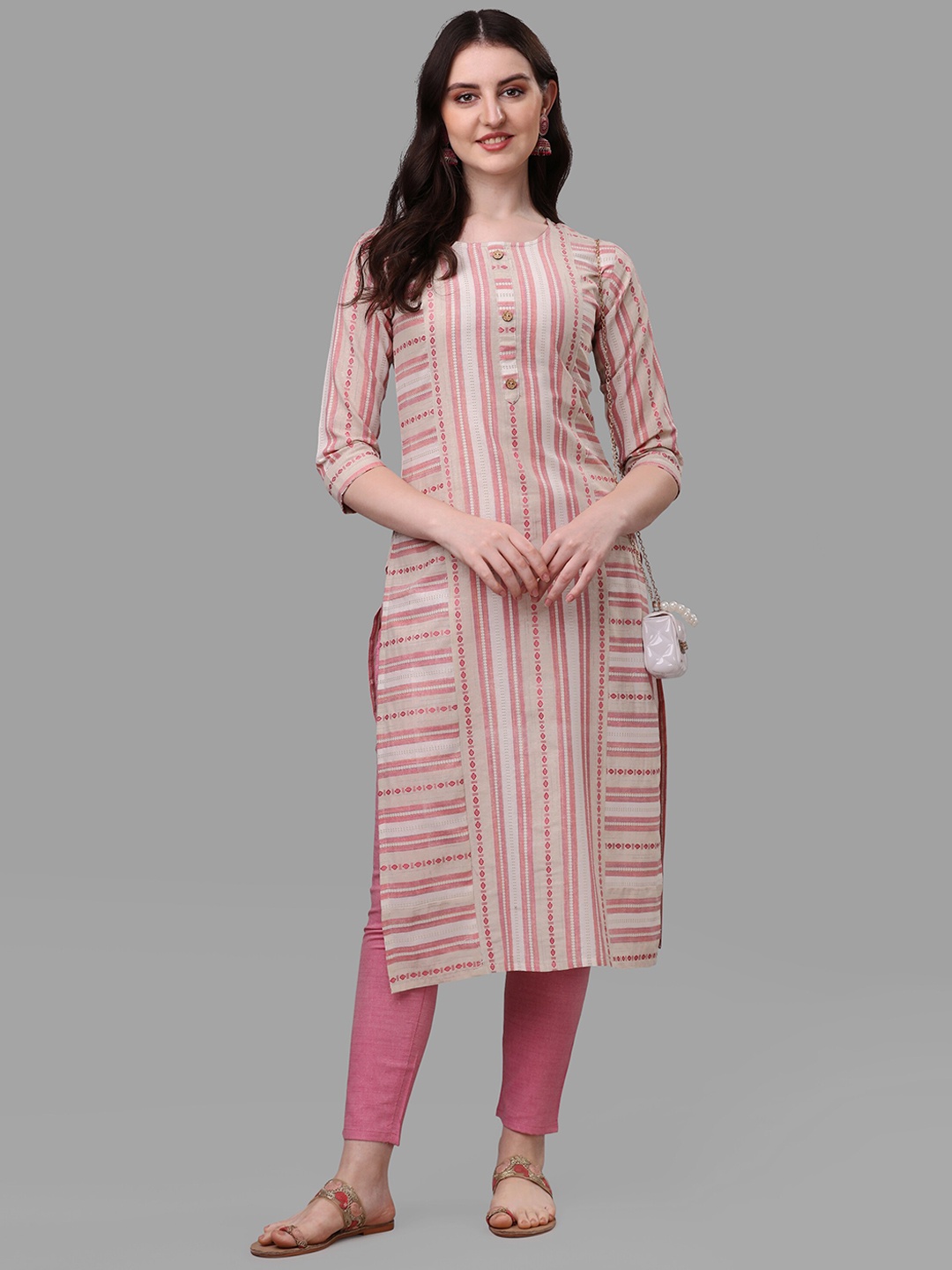 

Shiv Textiles Striped Regular Pure Cotton Kurta with Trousers, Pink