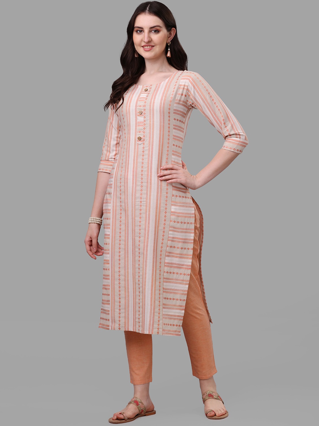 

Shiv Textiles Striped Regular Pure Cotton Kurta with Trousers, Peach