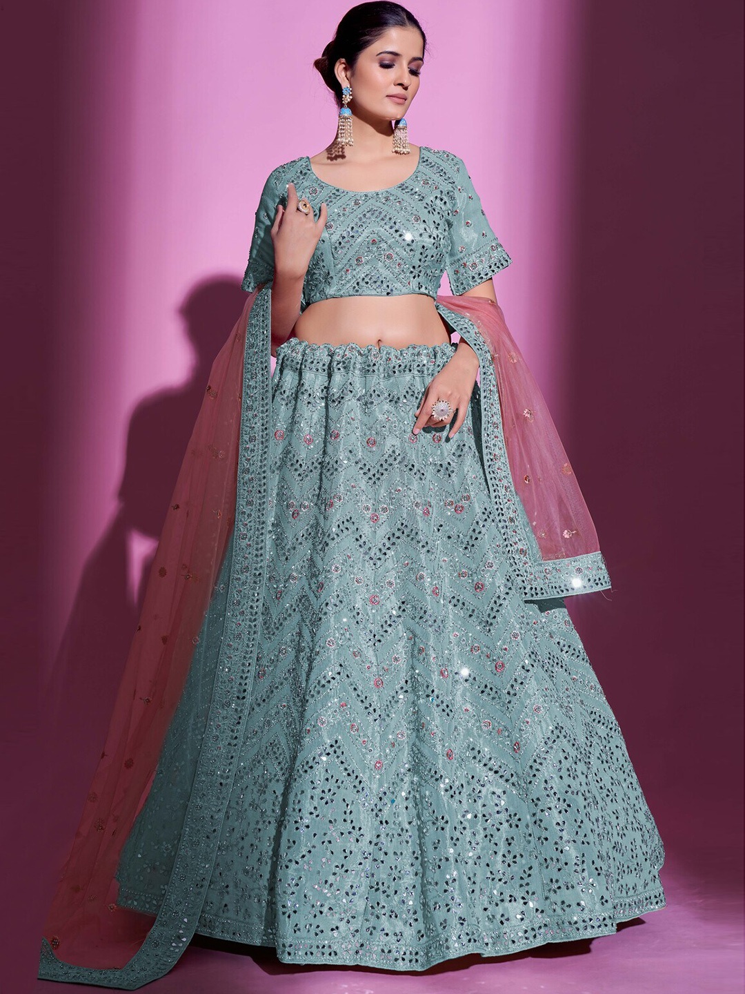 

Fusionic Embellished Mirror Work Semi-Stitched Lehenga & Unstitched Blouse With Dupatta, Blue