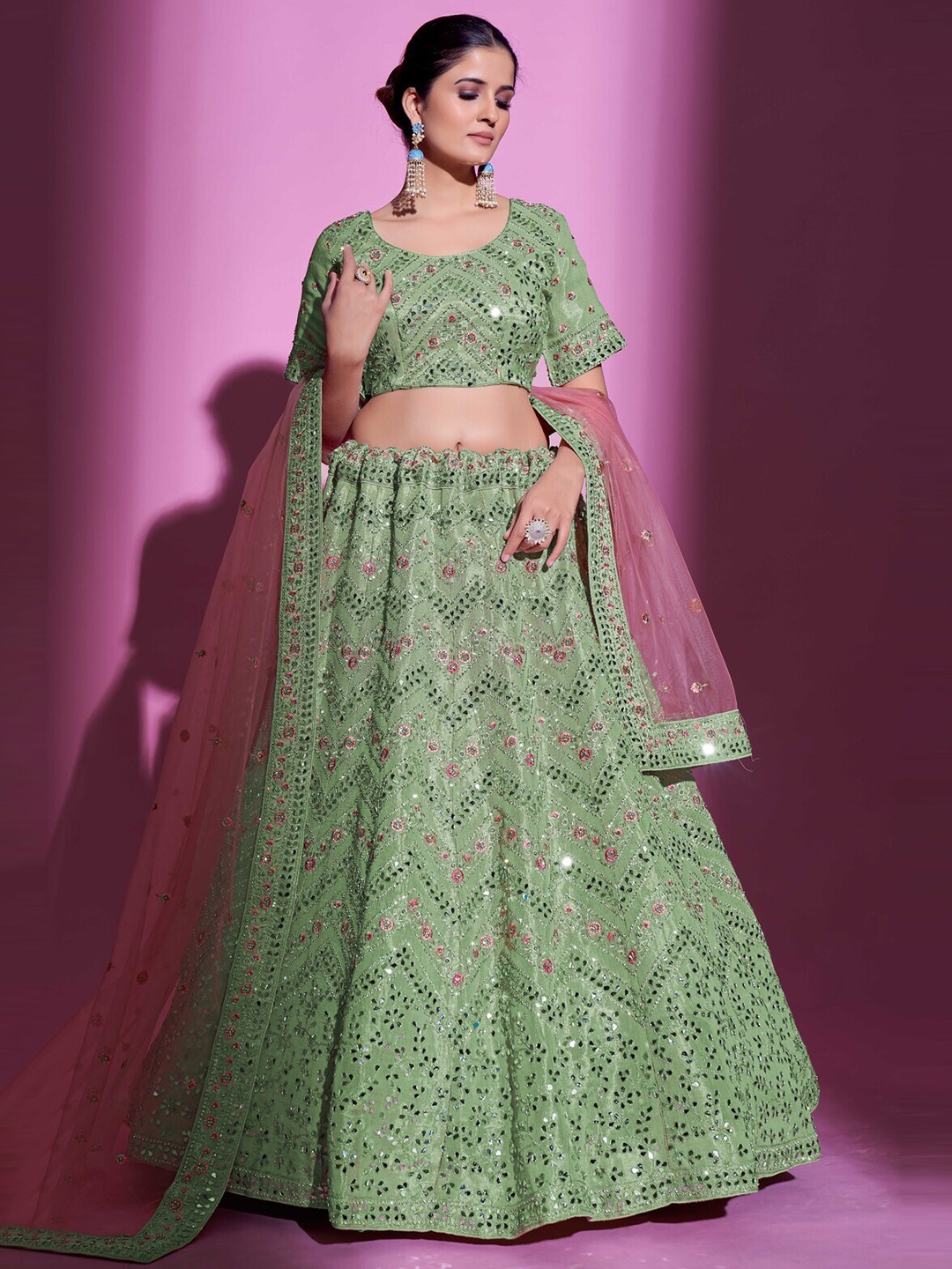 

Fusionic Embellished Mirror Work Semi-Stitched Lehenga & Unstitched Blouse With Dupatta, Green