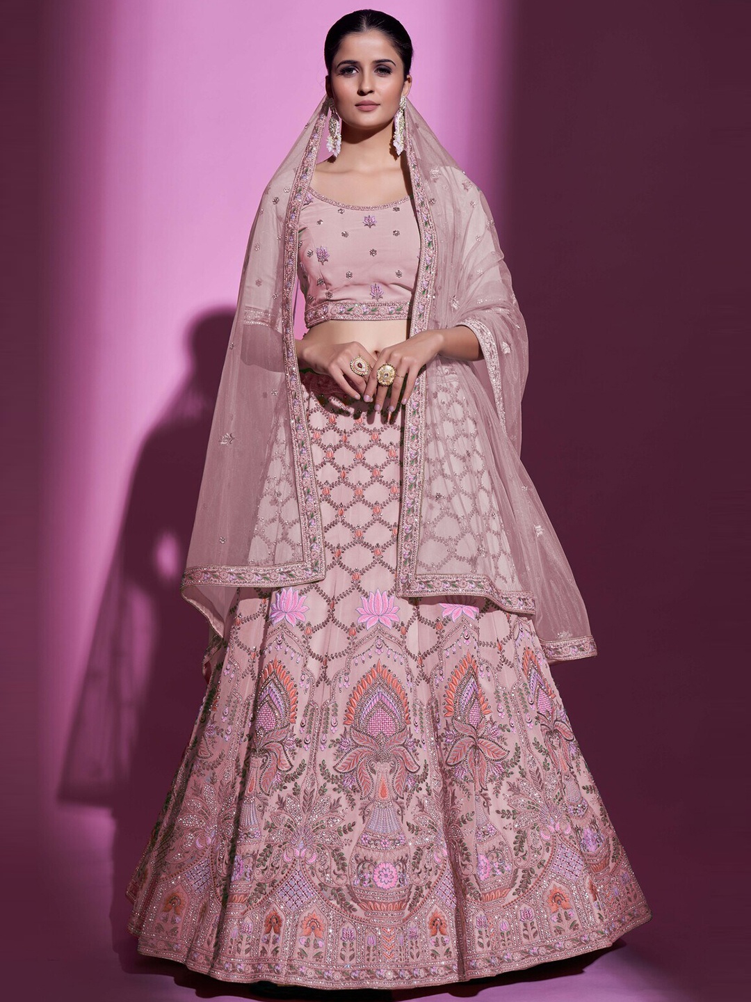 

Fusionic Embellished Thread Work Semi-Stitched Lehenga & Unstitched Blouse, Peach