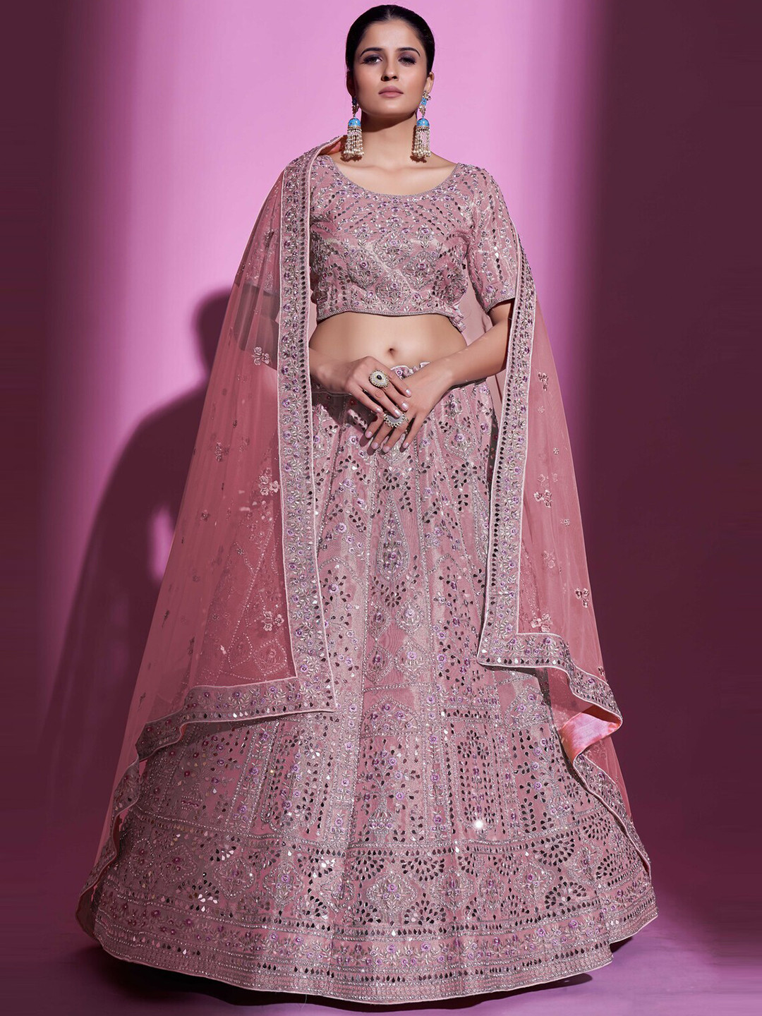 

Fusionic Embellished Mirror Work Semi-Stitched Lehenga & Unstitched Blouse With Dupatta, Pink