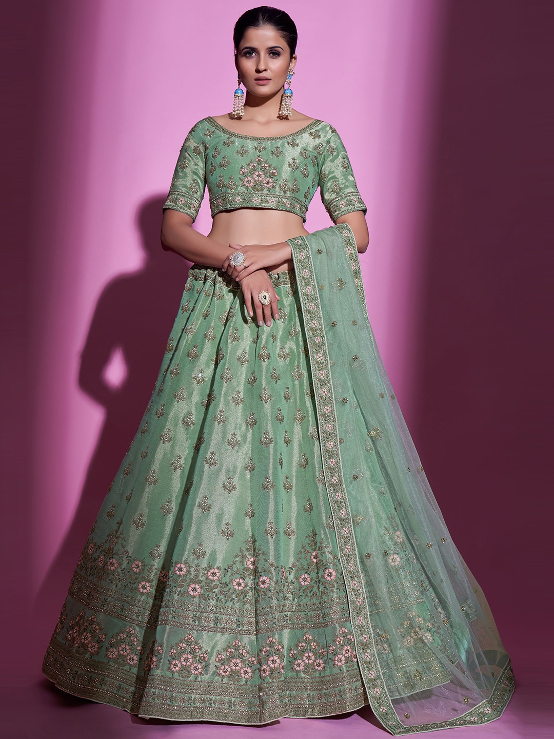 

Fusionic Embellished Thread Work Semi-Stitched Lehenga & Unstitched Blouse With Dupatta, Green