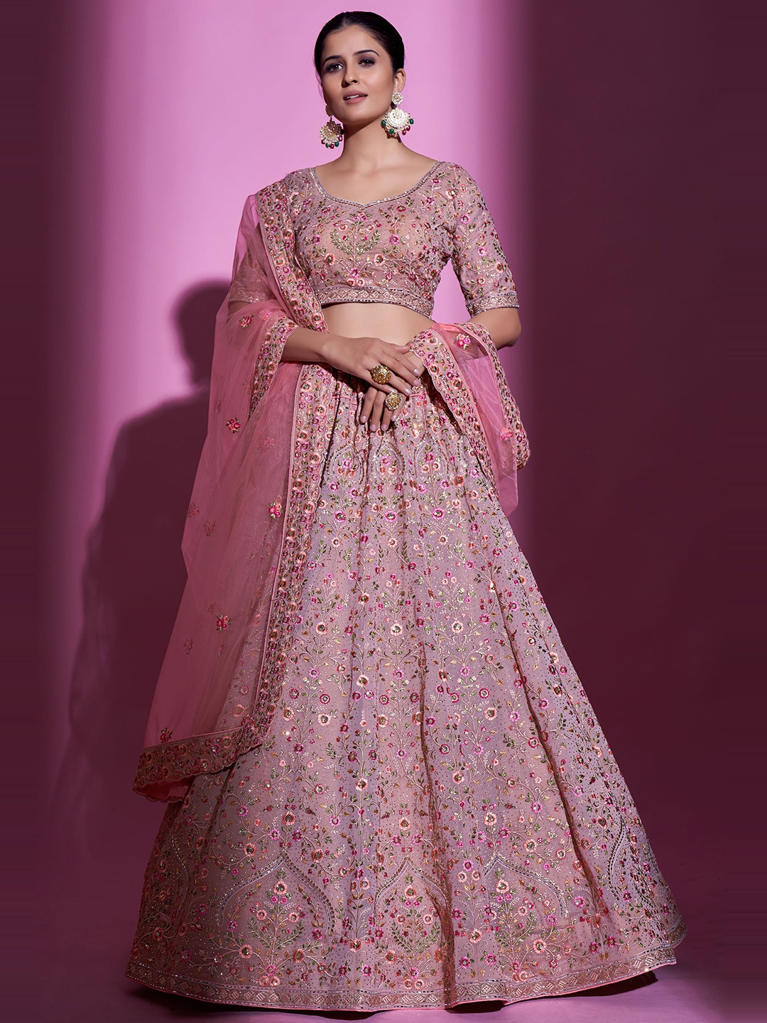 

Fusionic Embellished Thread Work Semi-Stitched Lehenga & Unstitched Blouse With Dupatta, Khaki