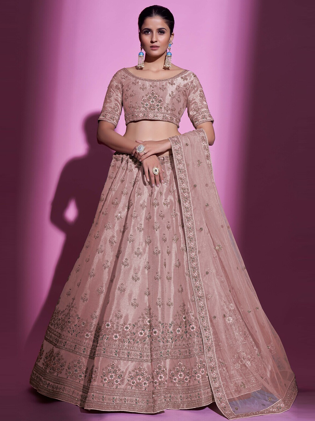 

Fusionic Embroidered Semi-Stitched Lehenga & Unstitched Blouse With Dupatta, Peach