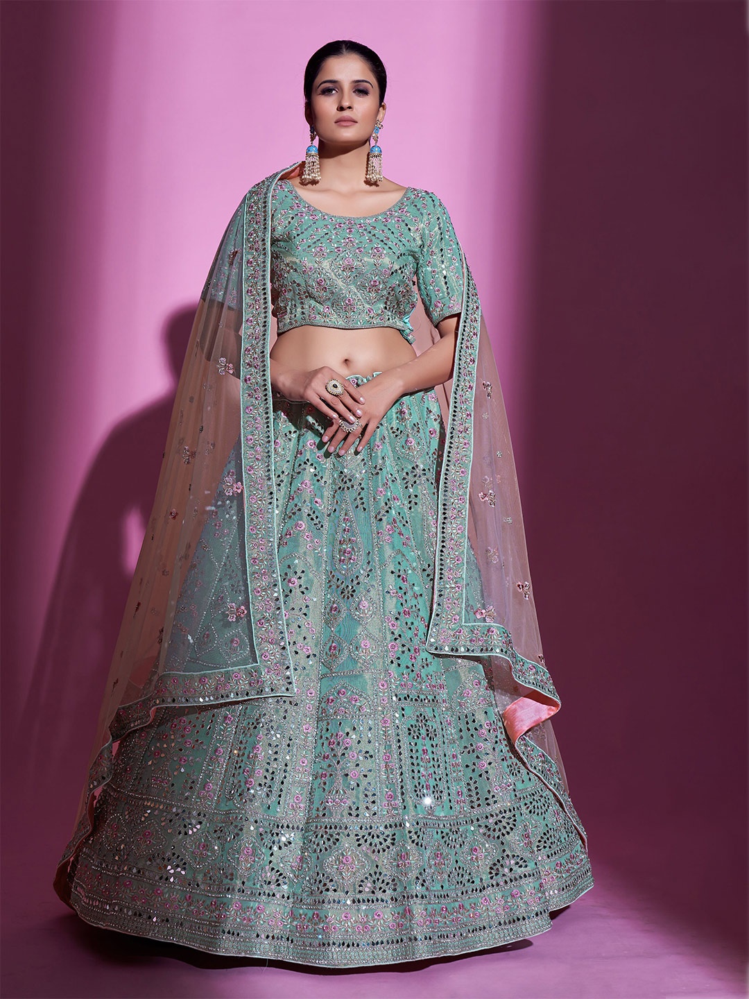 

Fusionic Embellished Mirror Work Semi-Stitched Lehenga & Unstitched Blouse With Dupatta, Blue