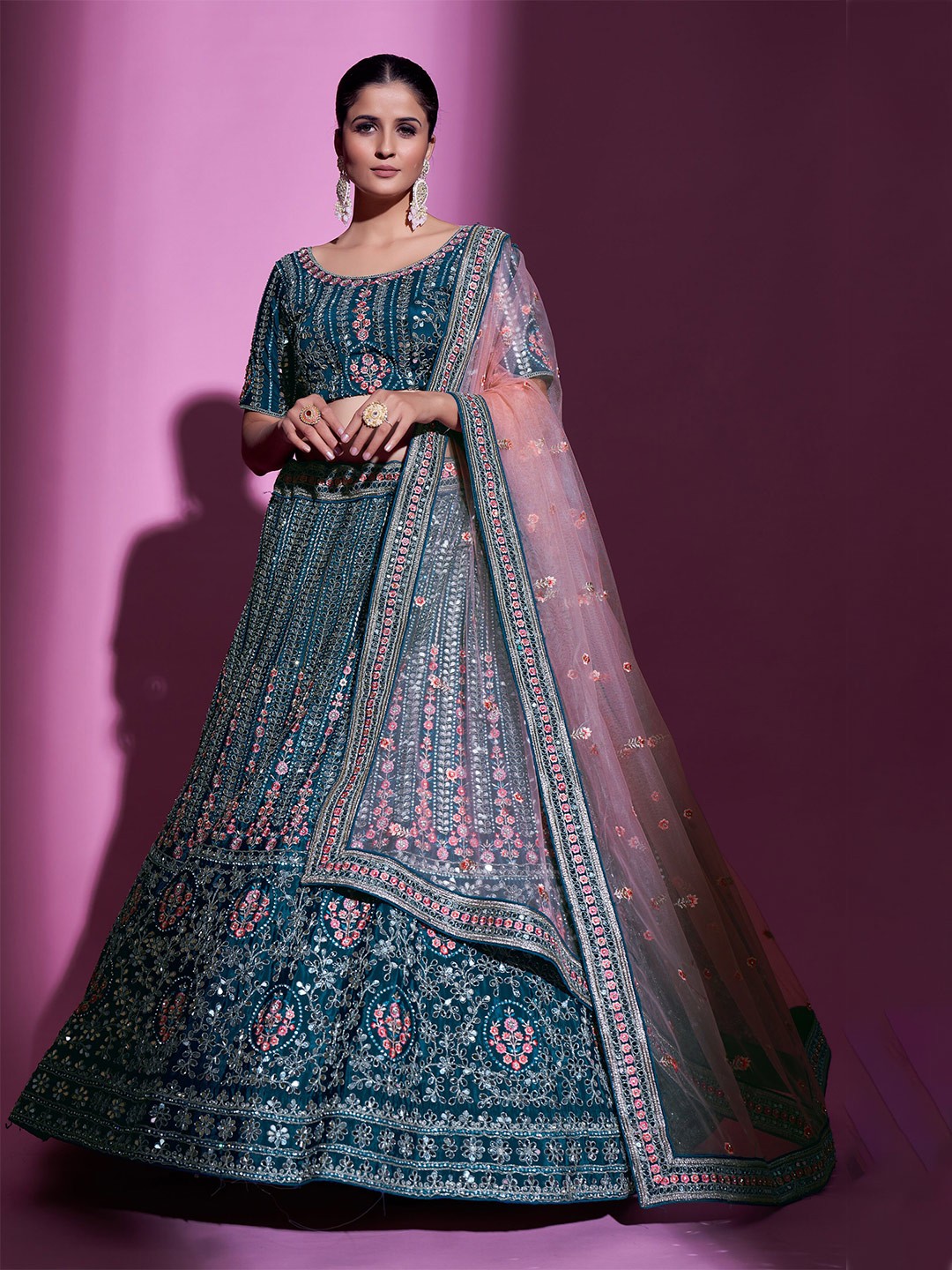 

Fusionic Embellished Mirror Work Semi-Stitched Lehenga & Unstitched Blouse With Dupatta, Teal