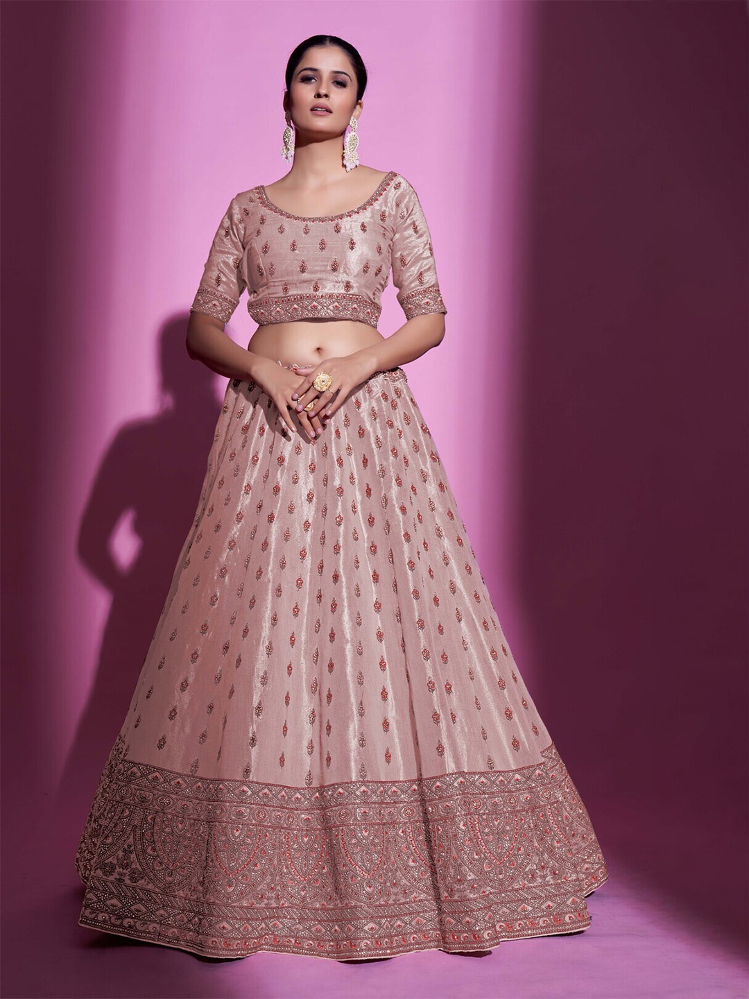 

Fusionic Embellished Sequinned Semi-Stitched Lehenga & Unstitched Blouse With Dupatta, Peach