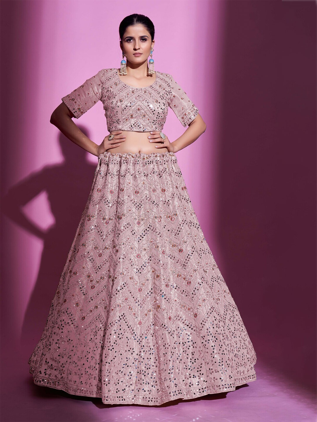 

Fusionic Embellished Mirror Work Semi-Stitched Lehenga & Unstitched Blouse With Dupatta, Peach