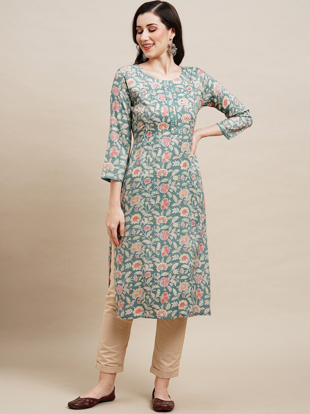 

Sangria Floral Printed Beads and Stones Straight Kurta, Sea green