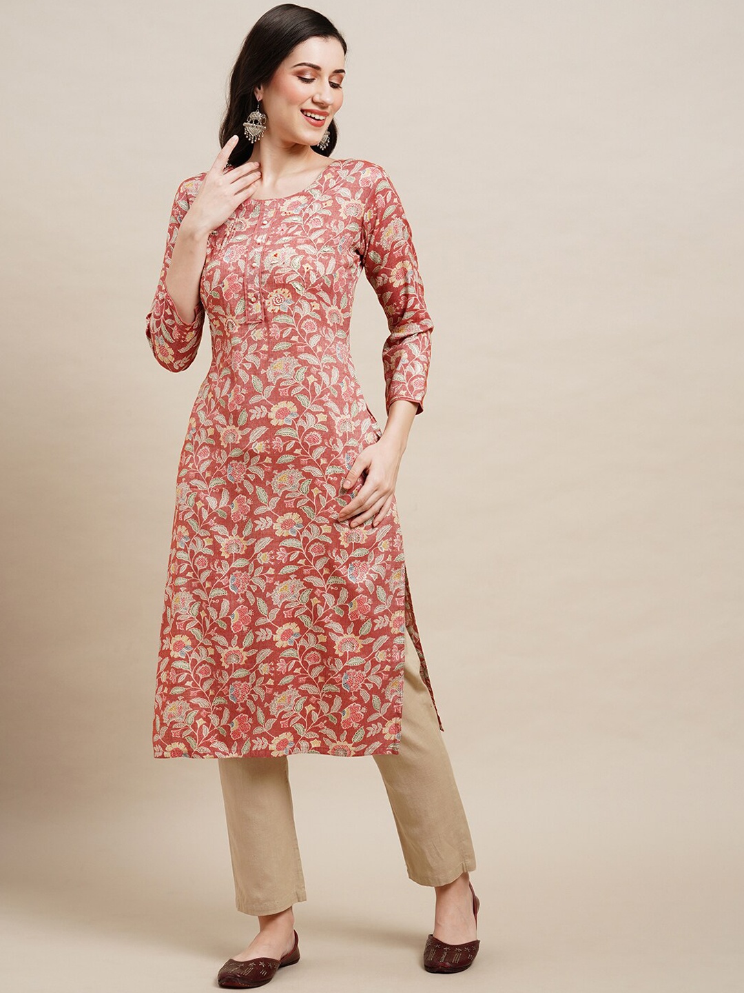 

Sangria Floral Printed Beads and Stones Straight Kurta, Maroon