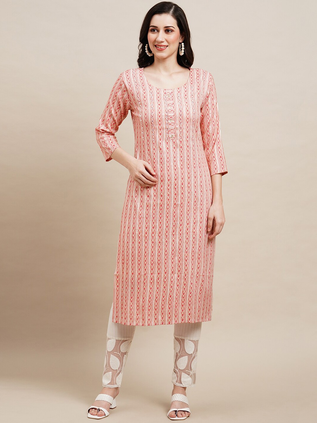 

Sangria Striped Beads and Stones Detail Straight Kurta, Pink