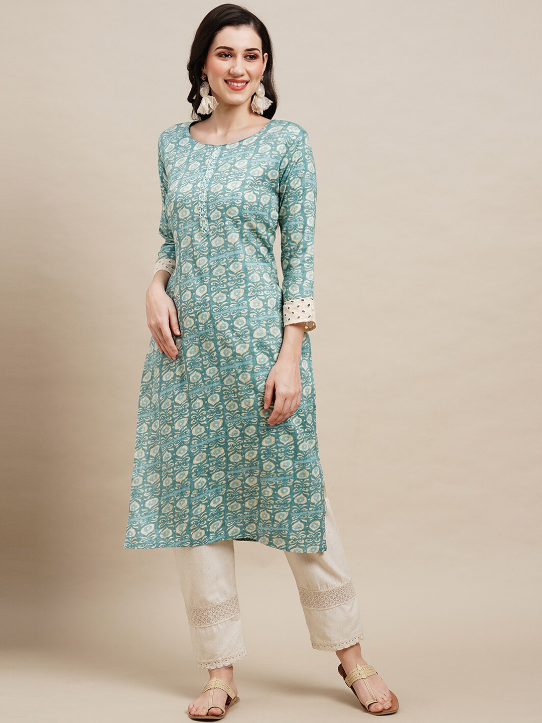 

Sangria Floral Printed Sequinned Straight Kurta, Blue
