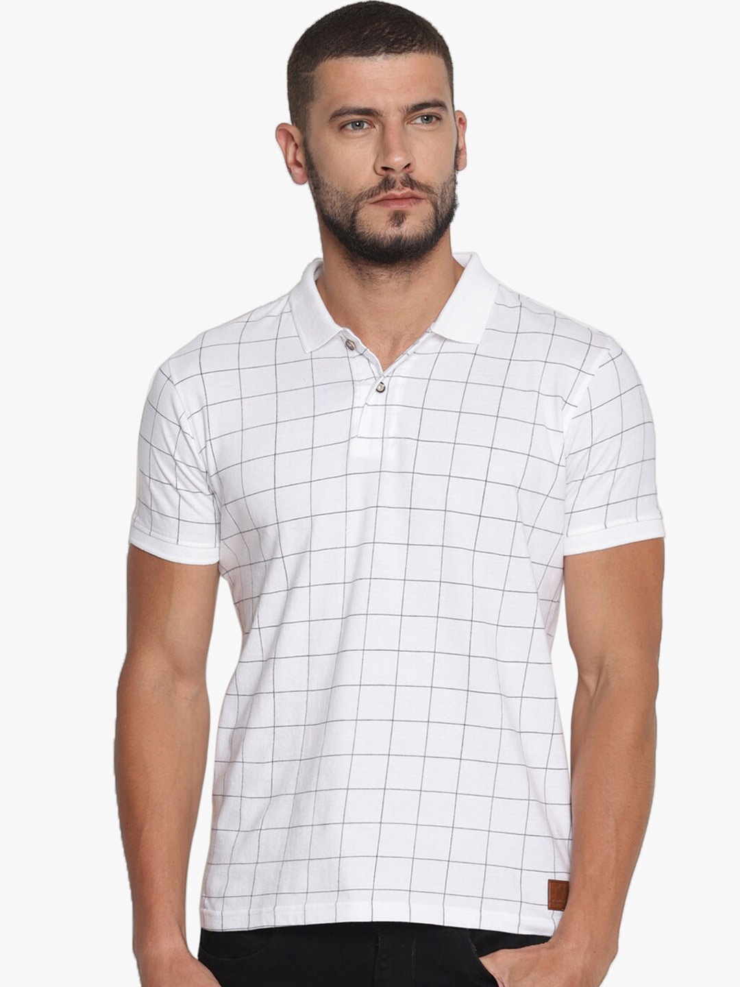 

Steenbok Checked Polo Collar Cotton T-shirt, White