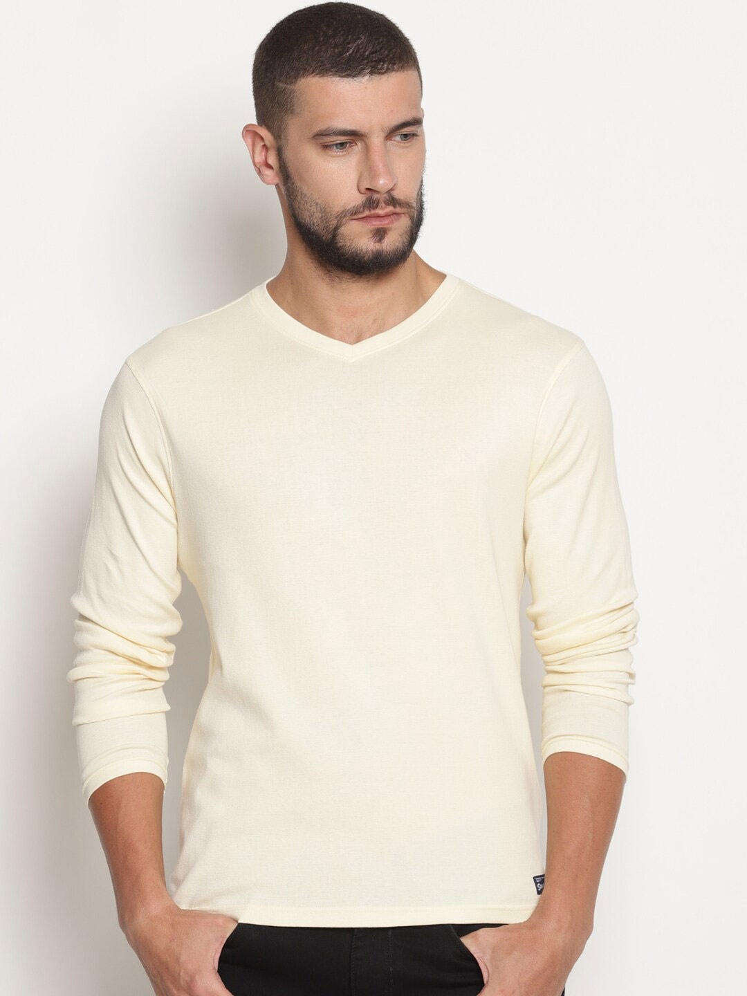 

Steenbok V-Neck Long Sleeves Slim Fit Cotton T-shirt, Off white