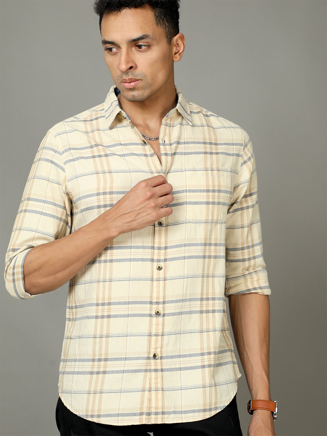 

HERE&NOW Beige Slim Fit Checked Cotton Casual Shirt