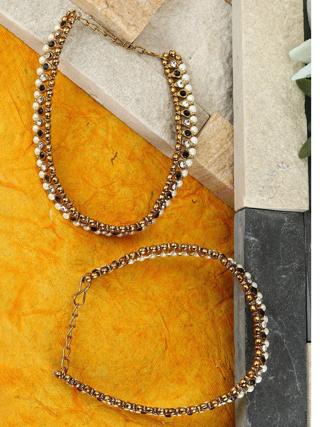 

ANIKAS CREATION Gold-Plated Kundan-Studded & Beaded Anklets, Copper