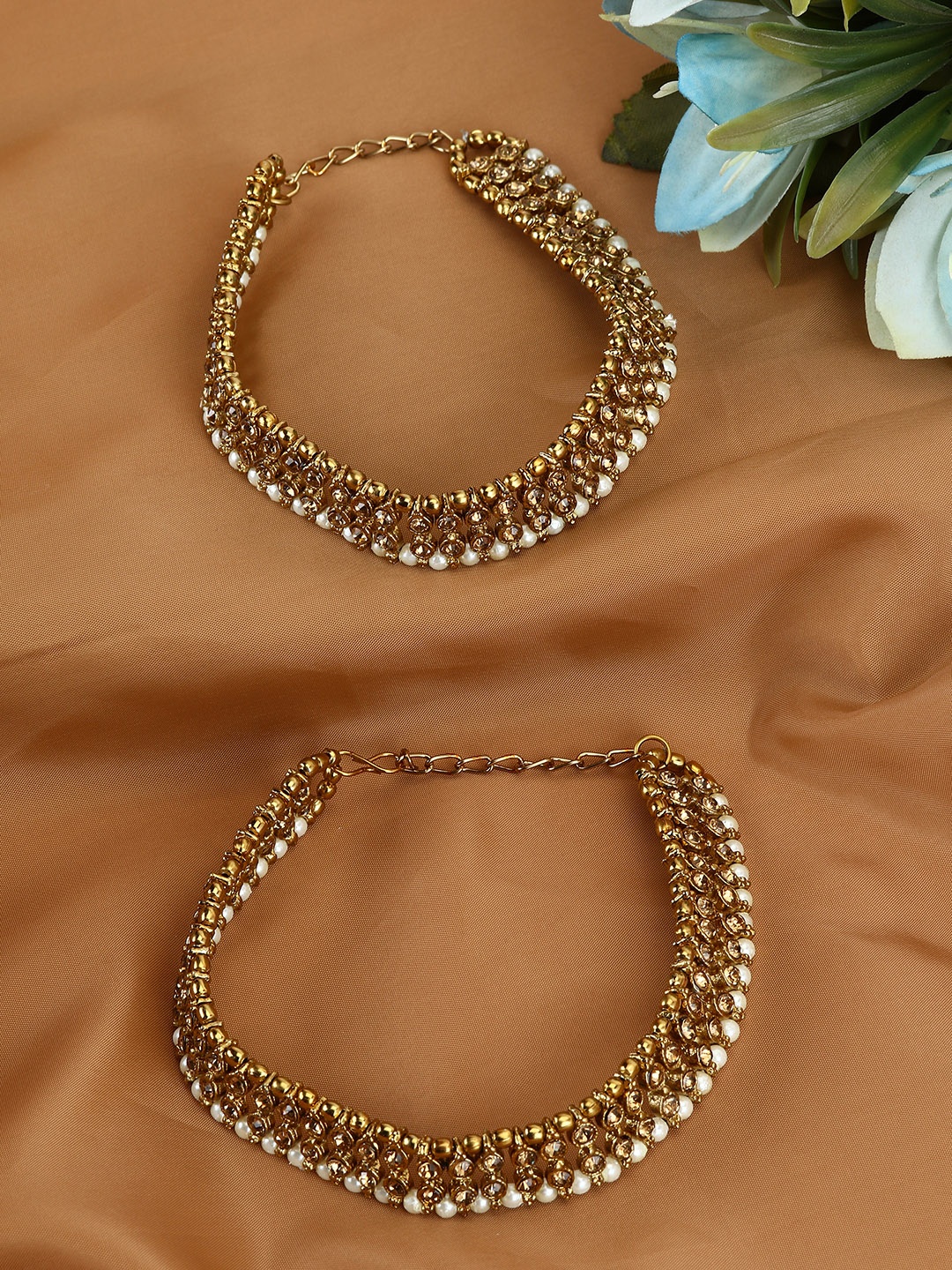 

ANIKAS CREATION Set Of 2 Gold-Plated Kundan Anklets