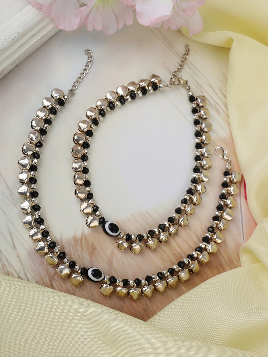 

ANIKAS CREATION Set of 2 Silver-Plated Black Beaded Anklets