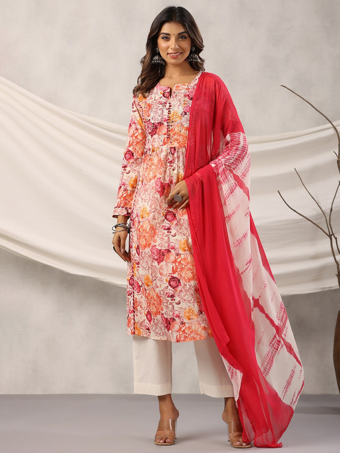 

EtnicaWear Floral Printed Beads Detail Panelled Pure Cotton Kurta with Trousers & Dupatta, Orange