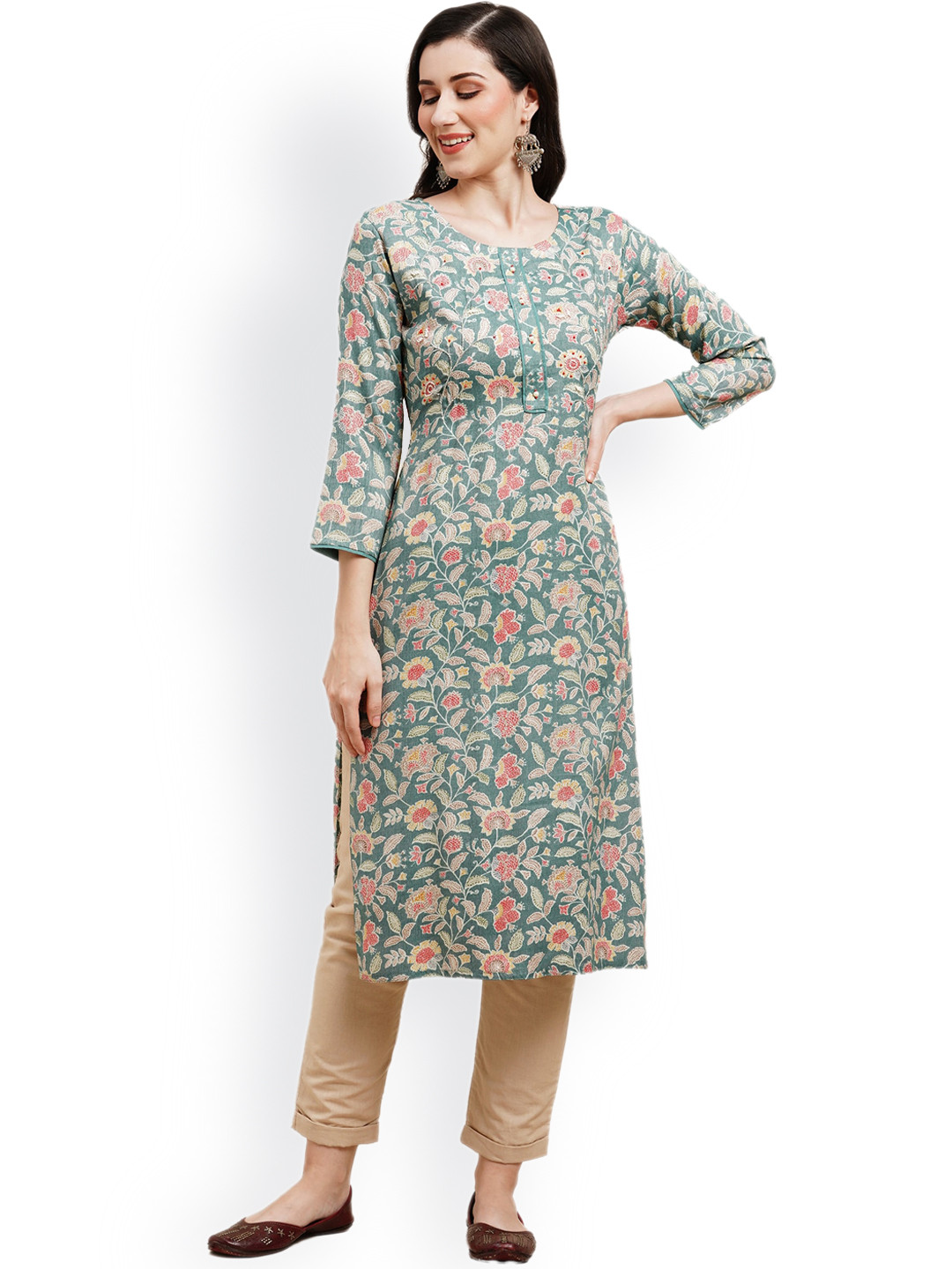 

Nimayaa Floral Printed Thread Work Straight Kurta, Sea green
