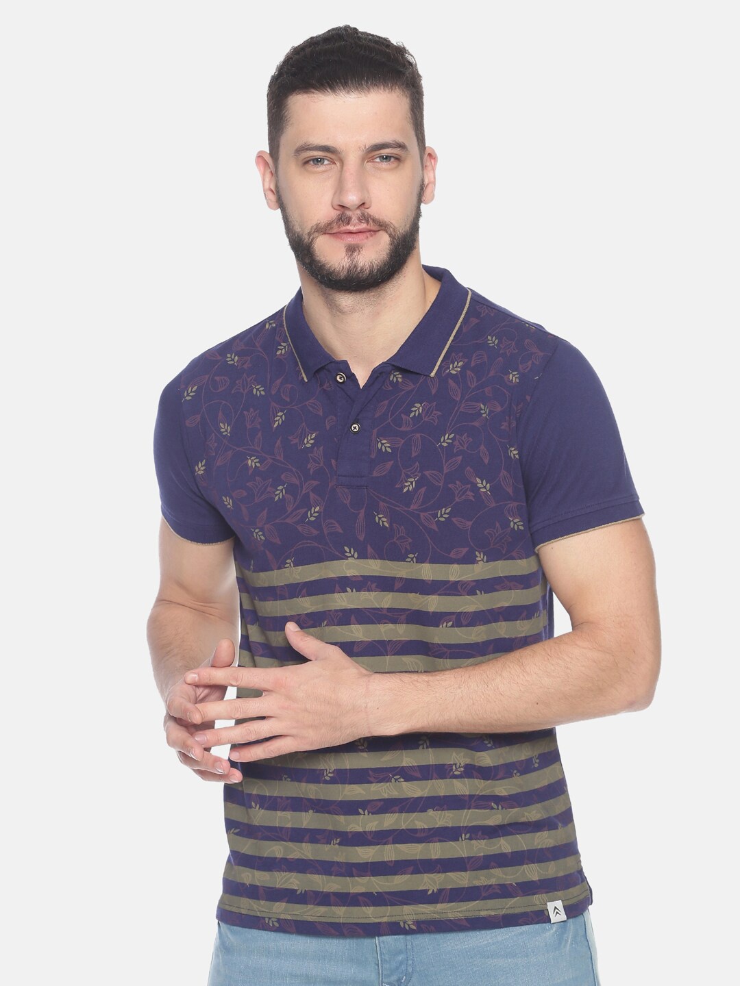 

Steenbok Striped Polo Collar Pure Cotton T-shirt, Navy blue