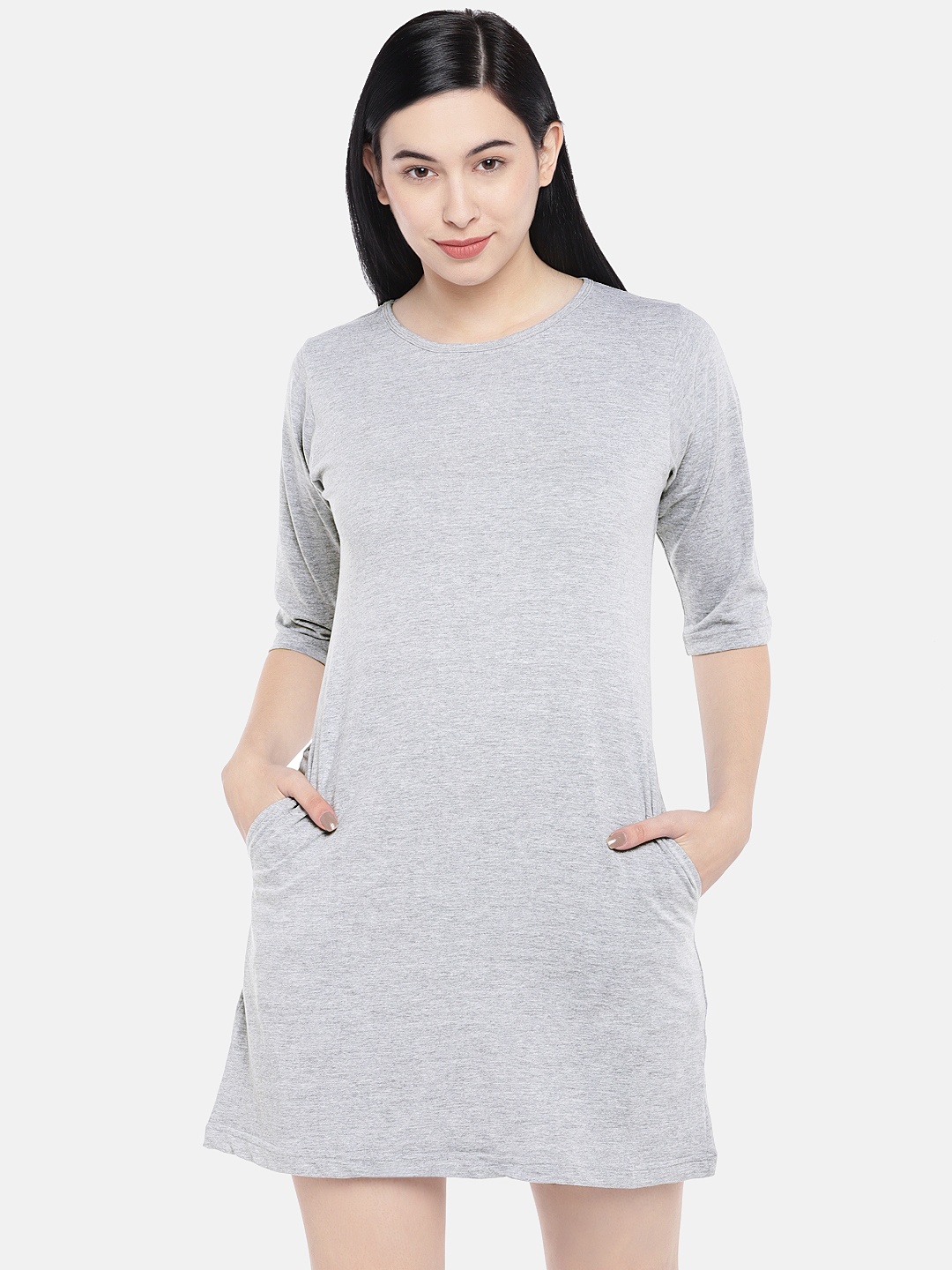 

STATUS MANTRA Round Neck T-shirt Dress, Grey