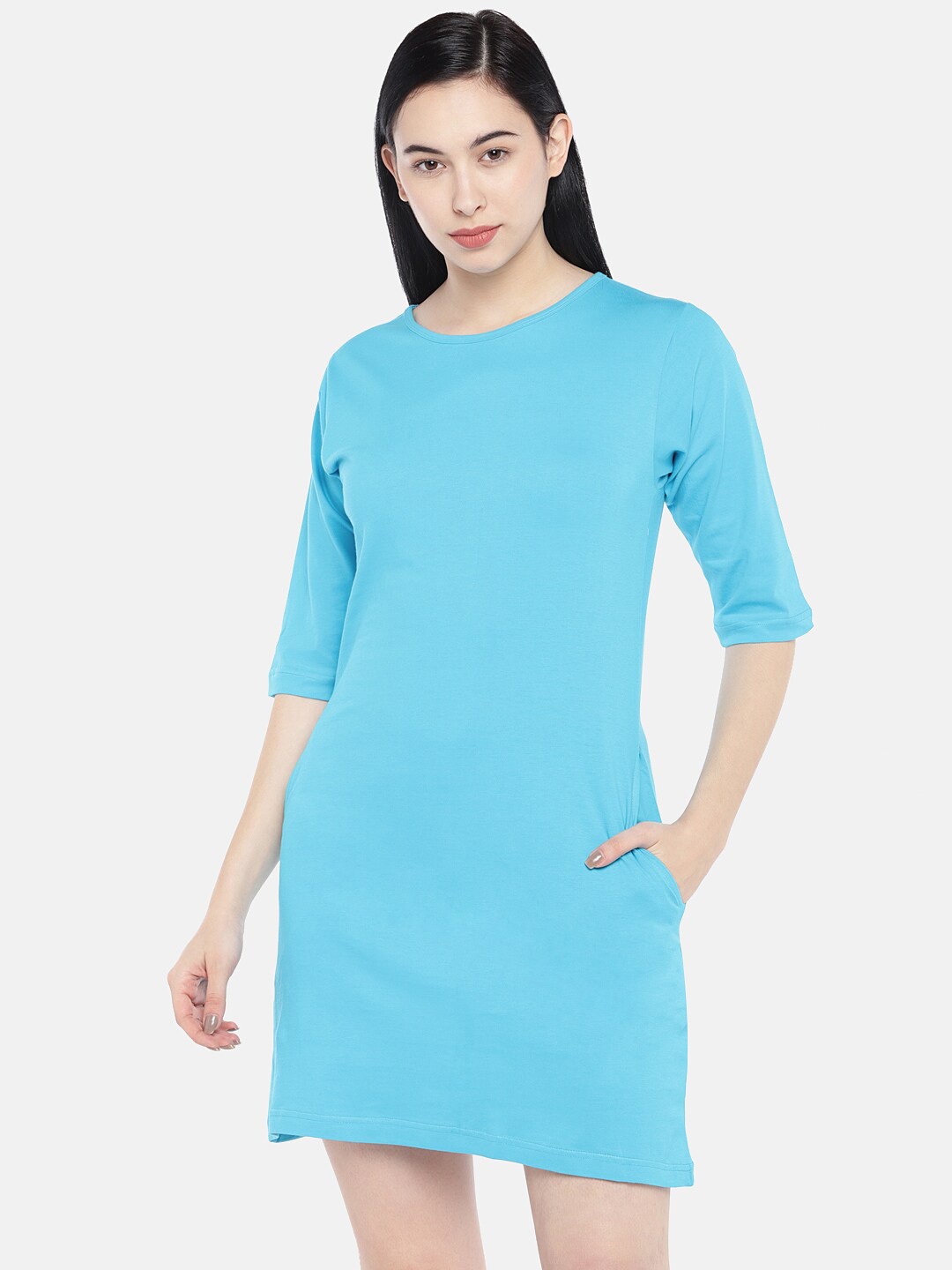 

STATUS MANTRA Round Neck T-shirt Dress, Turquoise blue