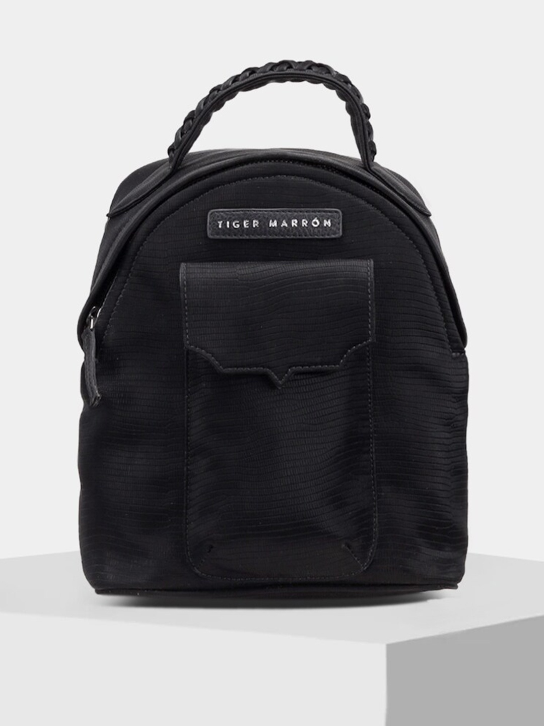 

TIGER MARRON Black PU Bowling Satchel with Applique