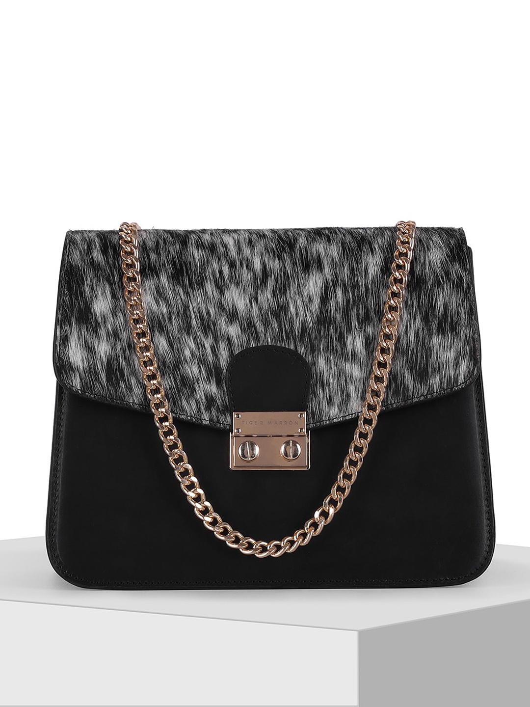 

TIGER MARRON Textured Leather Sling Bag, Black