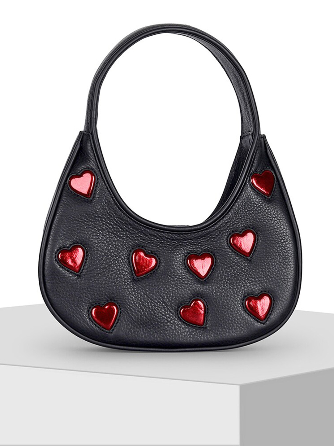 

TIGER MARRON Embellished Half Moon Leather Handheld Bag, Black