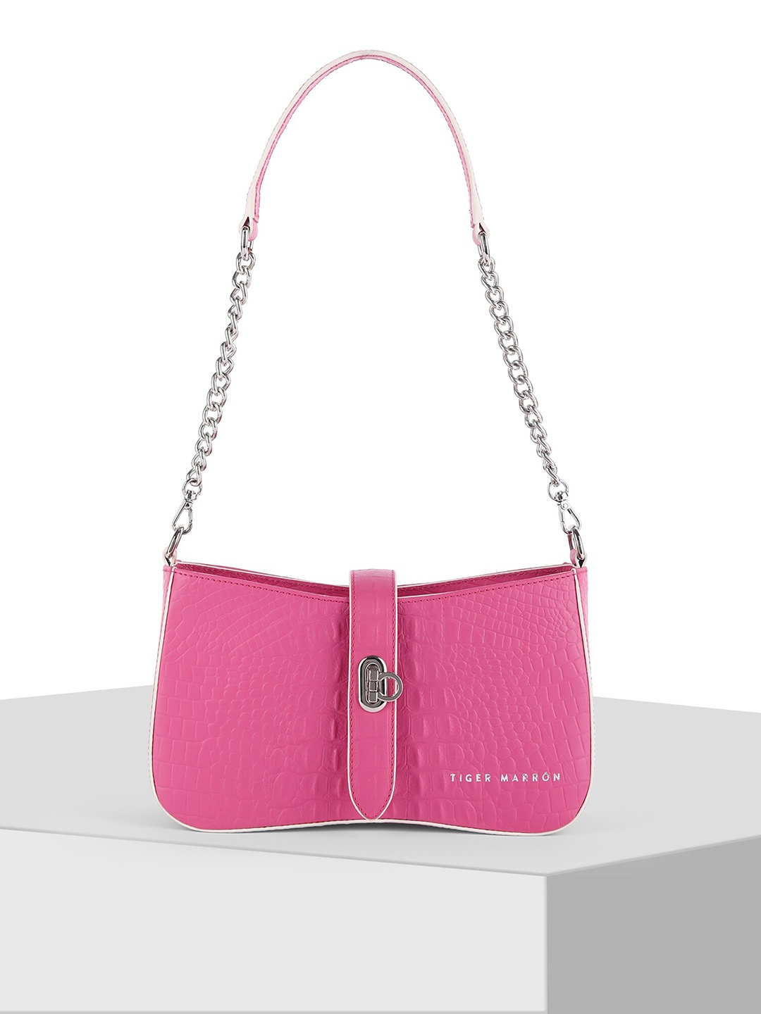 

TIGER MARRON Textured Leather Structured Shoulder Bag, Pink