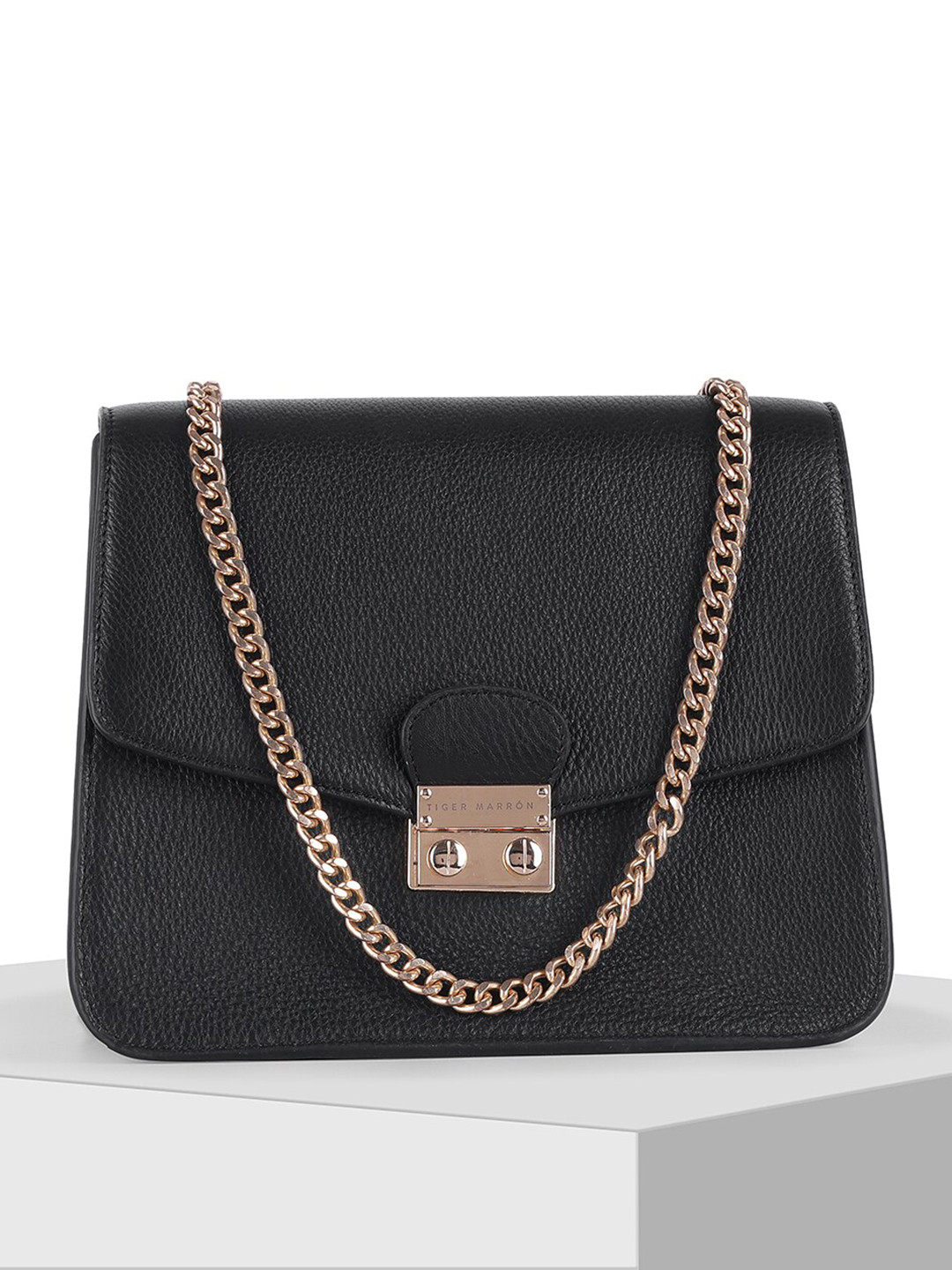 

TIGER MARRON Textured Leather Structured Sling Bag, Black