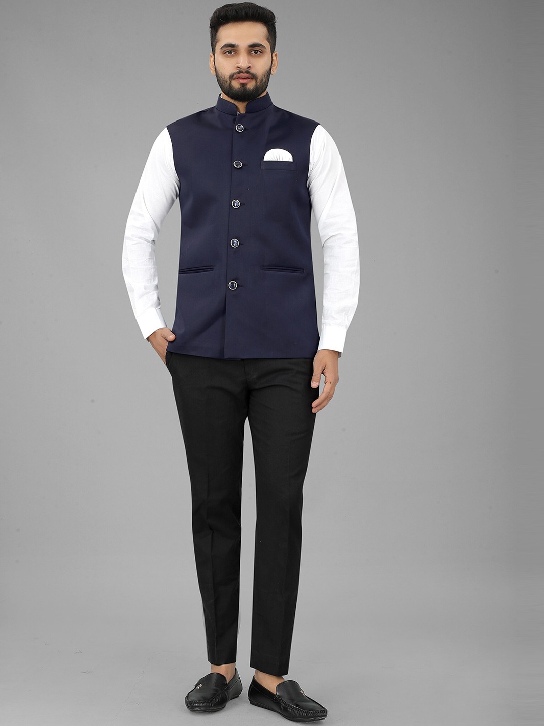 

N N ENTERPRISE Satin Sleeveless Nehru Jackets, Navy blue